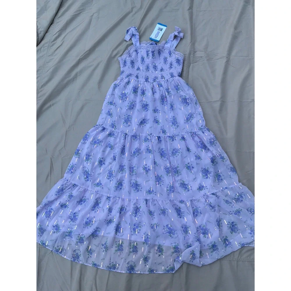Cottagecore Girls Rare Editions Tiered Maxi Dress L 10/12 Purple Floral Sequin